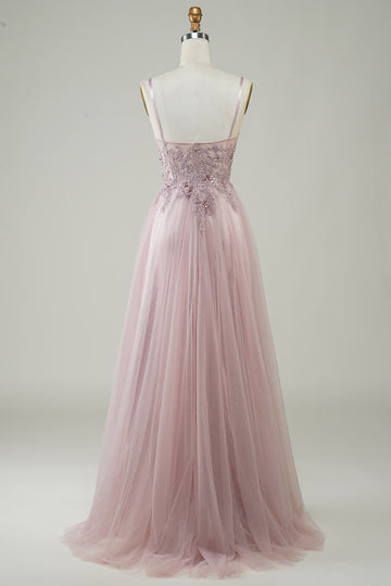 Sparkly Blush A-Line Tulle Long Ball Dress with Lace